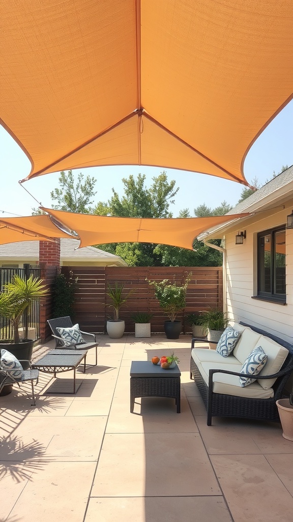 A cozy backyard patio with orange shade canopies, comfortable seating, and potted plants.