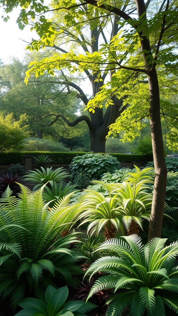 A lush shade garden featuring various ferns and a large tree.