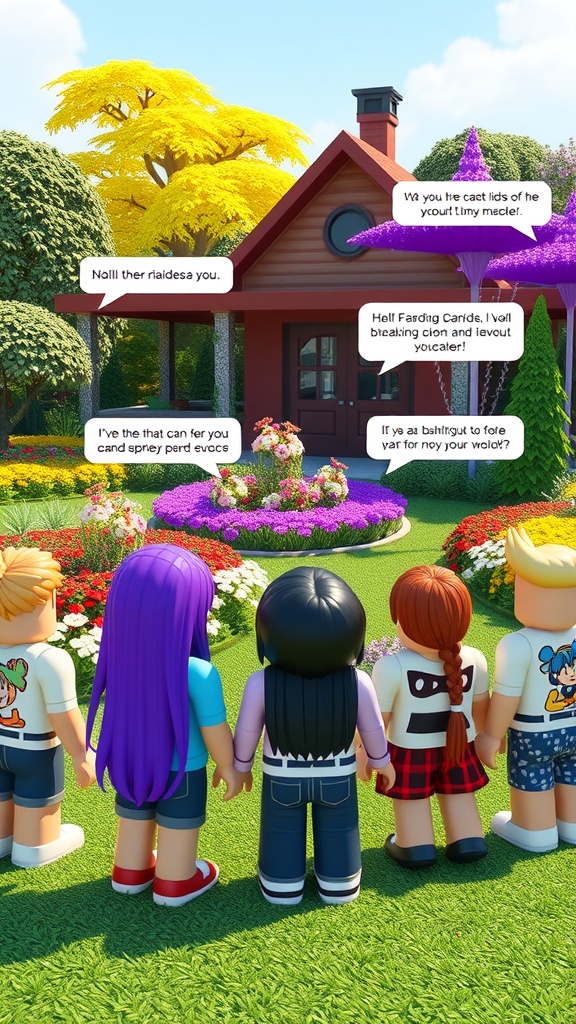A group of Roblox characters admiring a colorful garden with flowers and a house.