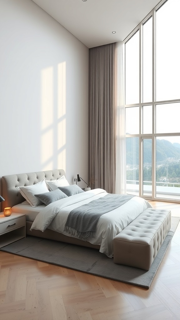 A modern minimalist bedroom with a large window, light-colored bedding, and simple decor.