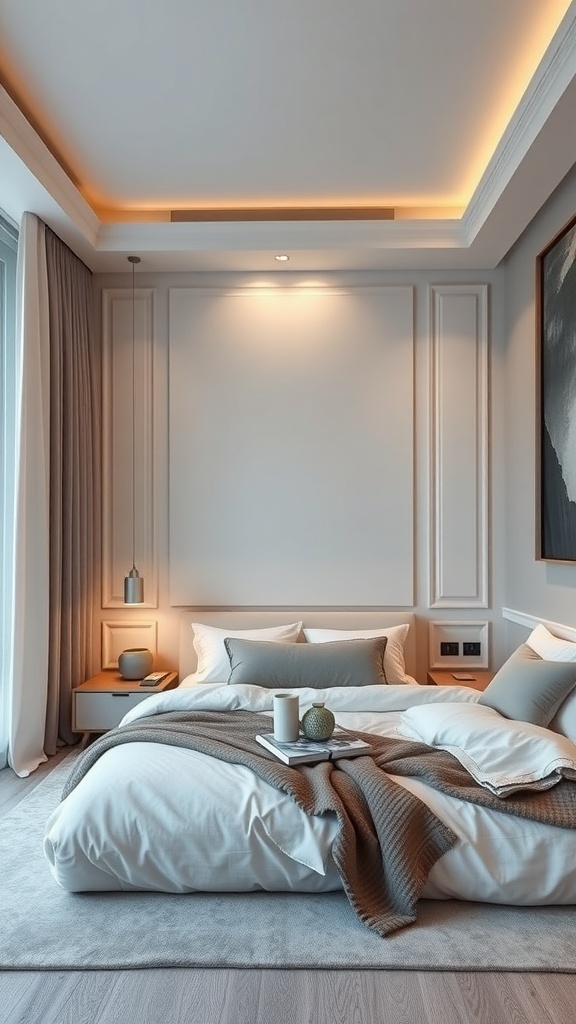 A modern luxury bedroom featuring smart home technology.
