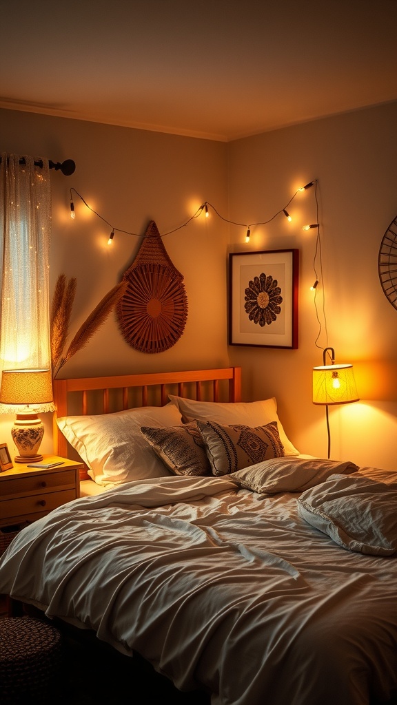 A cozy boho bedroom with soft lighting, featuring string lights and warm bedside lamps.