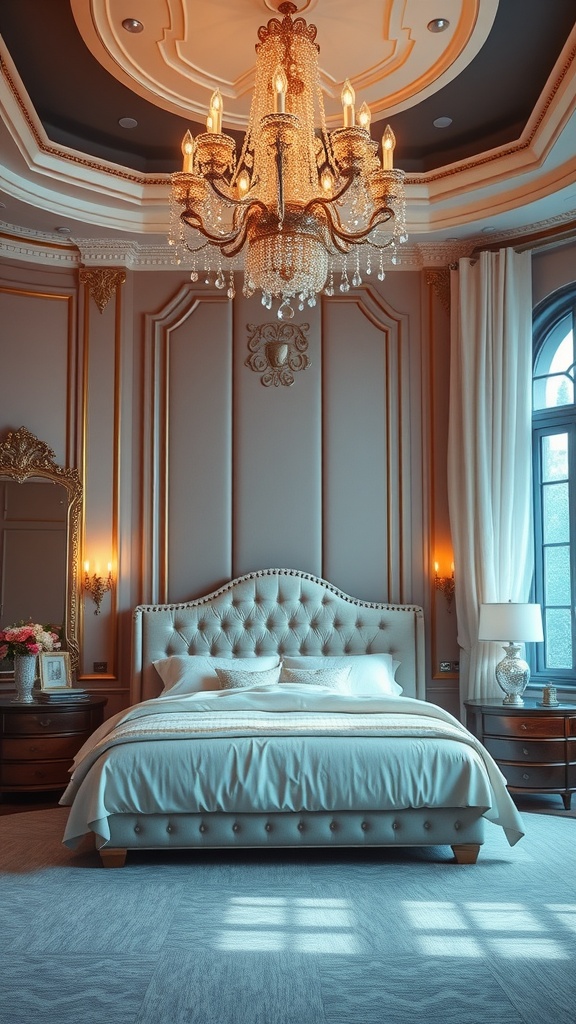 Luxurious bedroom featuring an elegant chandelier and plush bedding.