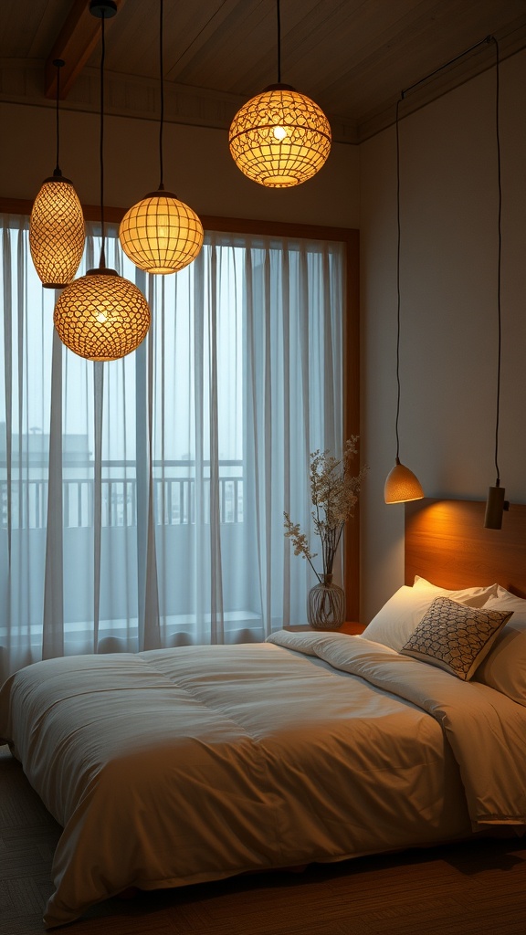 A cozy Japandi bedroom featuring unique woven pendant lights hanging above a neatly made bed.