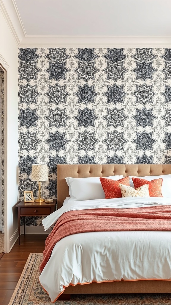 A bedroom with striking black and white star-patterned wallpaper, a beige headboard, and orange accent pillows.