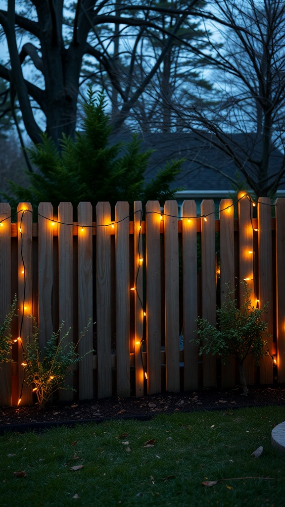 A wooden fence decorated with warm string lights in a garden setting.