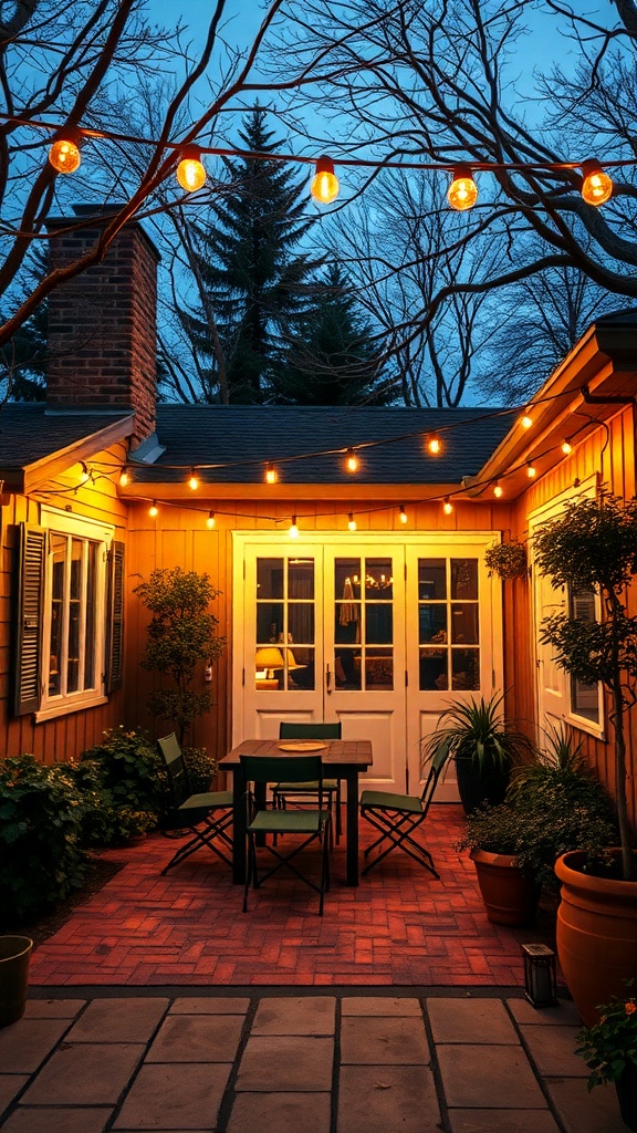 A cozy backyard patio with string lights hanging above, creating a warm and inviting atmosphere.