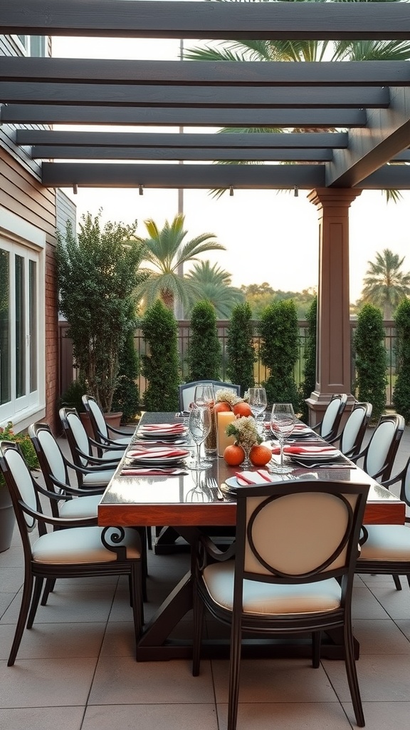 Stylish outdoor dining area with a long table, elegant chairs, and lush greenery