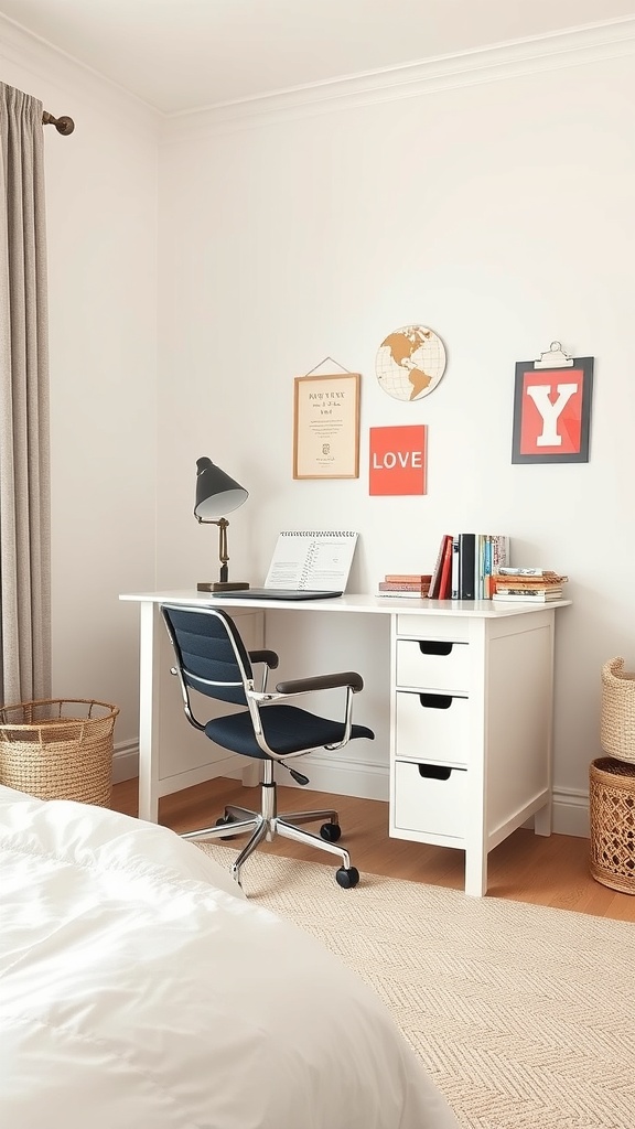 A stylish study nook with a white desk, a comfortable chair, and colorful wall art.