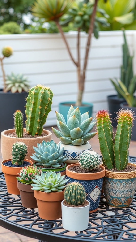 A variety of succulents and cacti displayed on a decorative table, showcasing different shapes and colors in various pots.