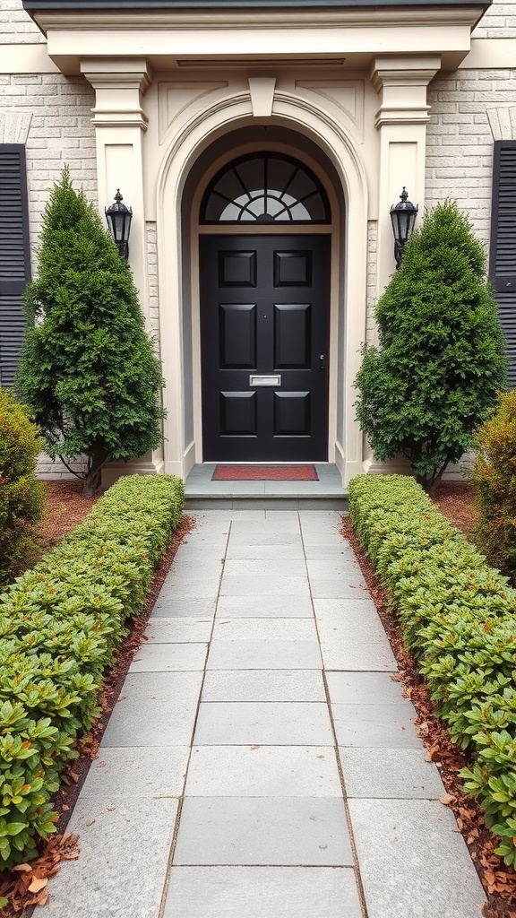Symmetrical landscaping with trimmed shrubs and a stone pathway leading to a black front door.