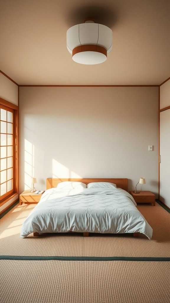 A serene bedroom featuring tatami mats and a low bed, showcasing Japandi design elements.