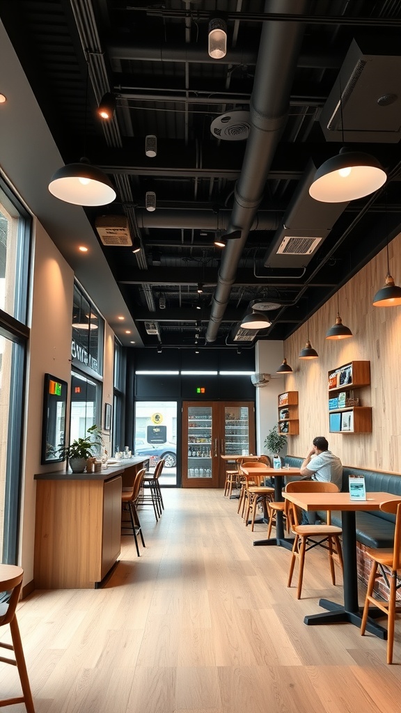 A modern coffee shop interior with charging stations and ample seating.