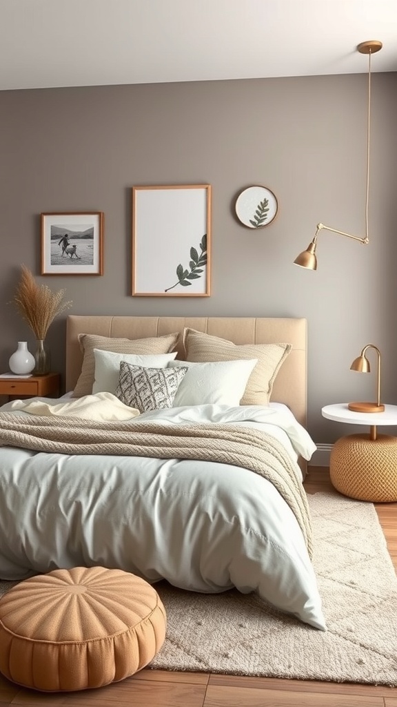 A modern luxury bedroom featuring layered textures with a cozy duvet, throw pillows, and a soft area rug.