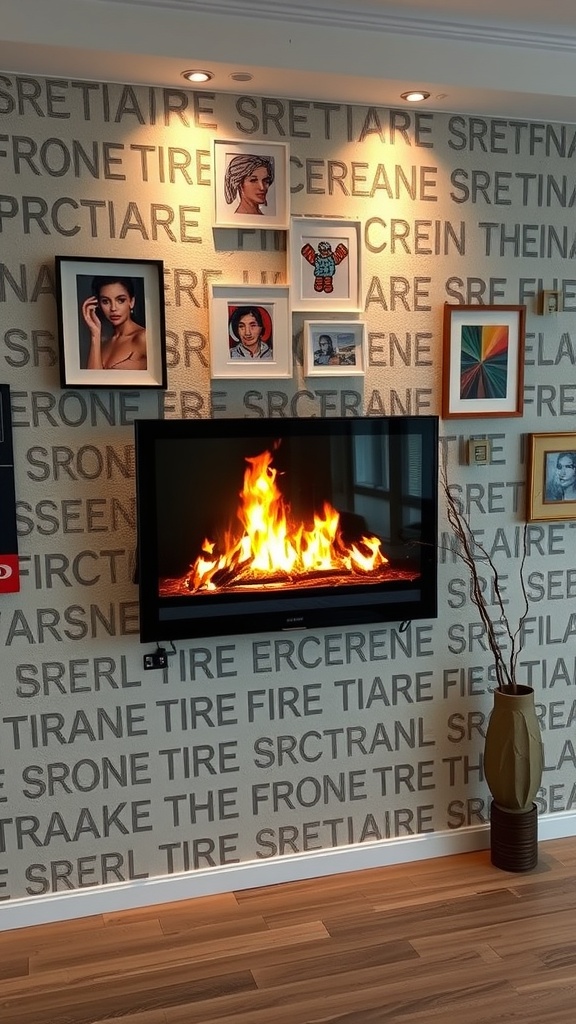 A textured wall featuring a mounted TV, electric fireplace, and various framed artworks.
