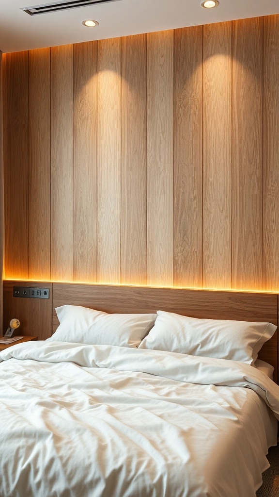 A bedroom featuring a textured wood panel accent wall with soft lighting and white bedding.