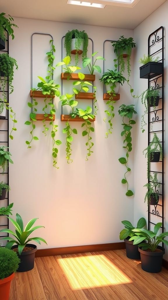 A vertical garden setup with plants on wooden shelves and metal frames against a wall.