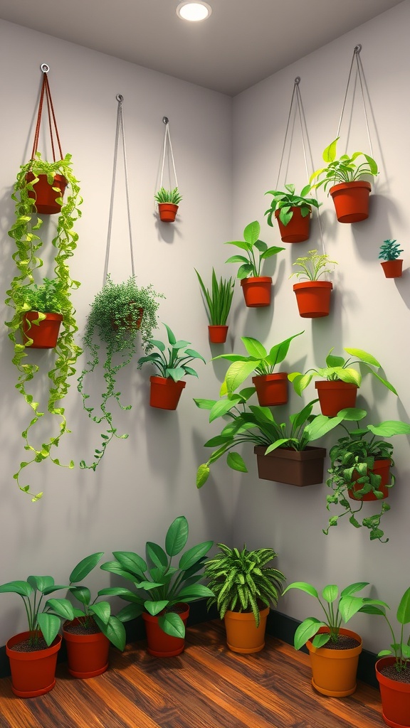 A cozy indoor garden with various plants in pots, some hanging and others on the floor.