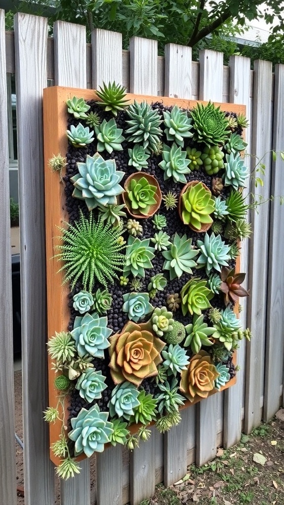 A vertical garden featuring a variety of succulents arranged beautifully on a wooden frame.