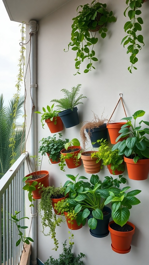 A vertical garden with various potted plants arranged on a wall, showcasing a mix of colors and textures.