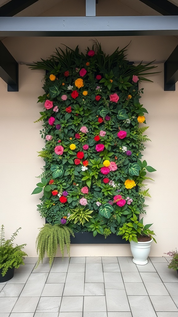 A vibrant vertical garden with colorful flowers and lush greenery on a wall.