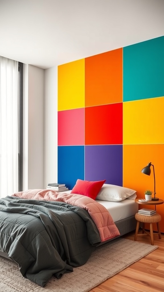 A bedroom featuring a vibrant accent wall with colorful blocks in orange, teal, red, and purple, complemented by cozy bedding.