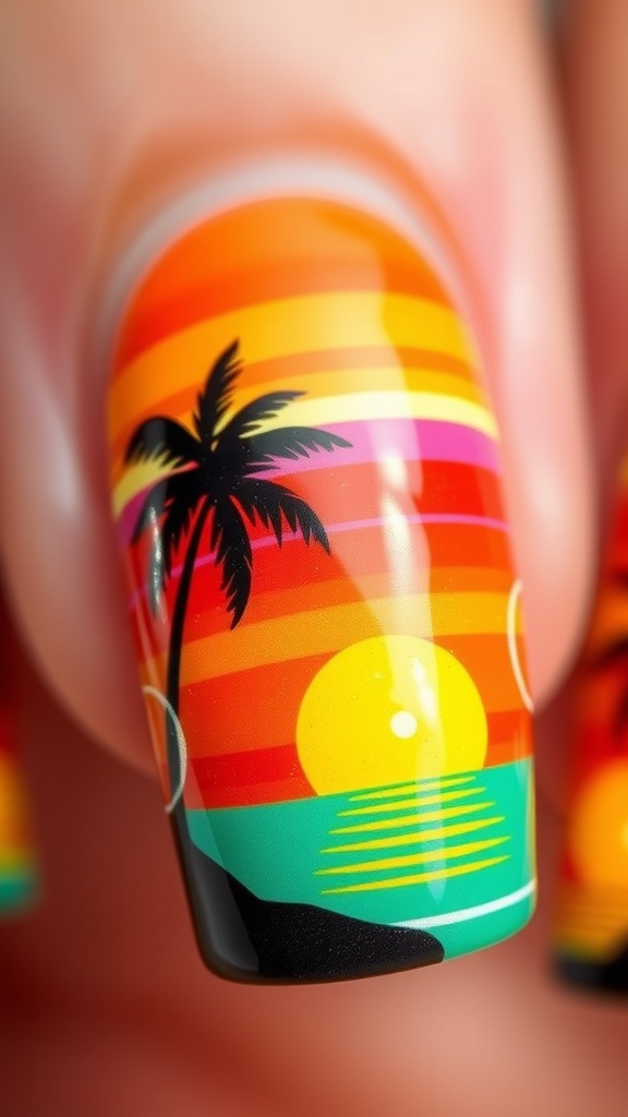 Close-up of tropical nail art featuring a sunset and palm tree design