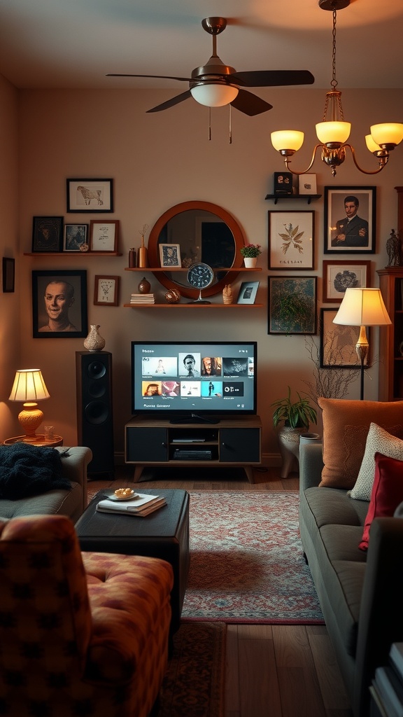 A cozy living room featuring a modern TV surrounded by vintage decor, including framed art, warm lighting, and comfortable furniture.