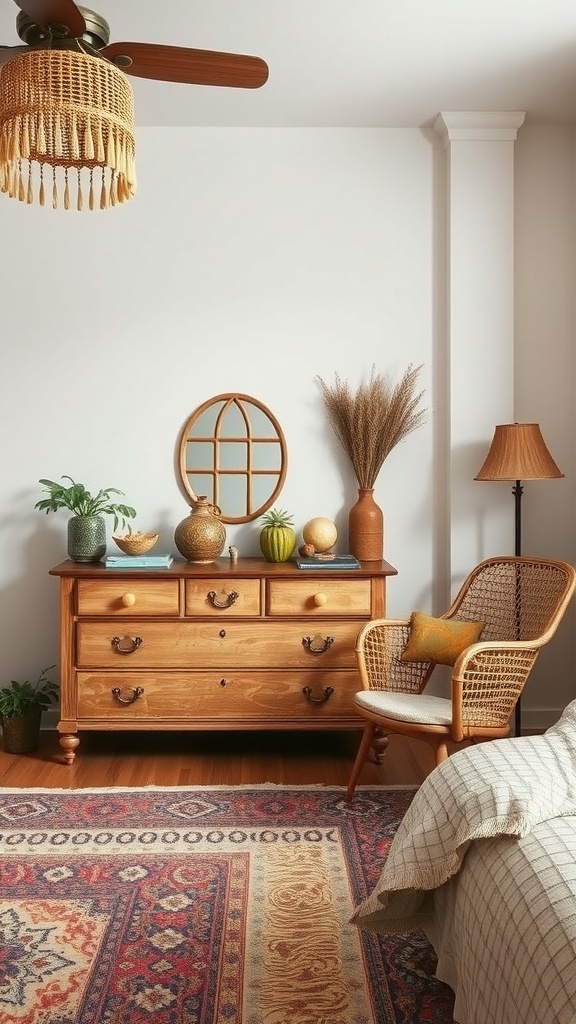 A boho bedroom featuring a vintage wooden dresser, a rattan chair, and decorative plants.