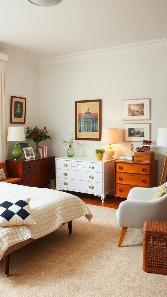 A cozy preppy bedroom featuring vintage furniture with modern elements, including wooden dressers, a white dresser, and decorative artwork.