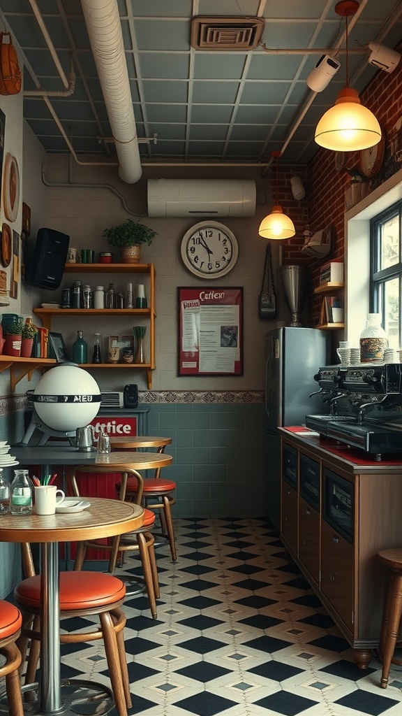 A cozy coffee shop interior featuring retro furniture, round wooden tables, orange chairs, and vintage decor.