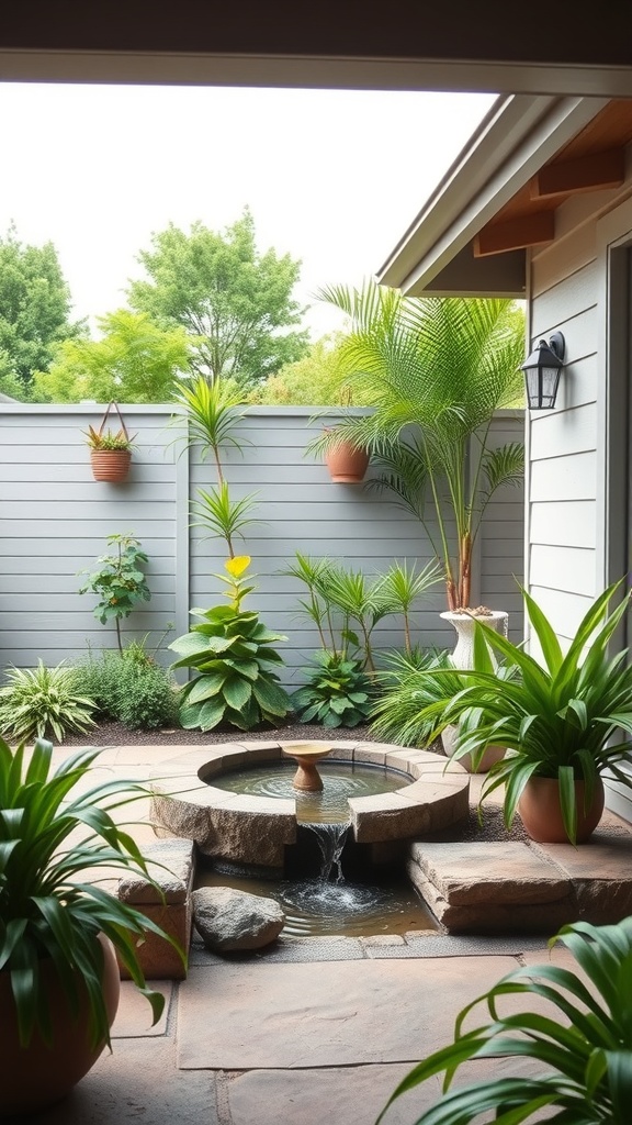A serene backyard patio with a circular fountain surrounded by plants and stones.