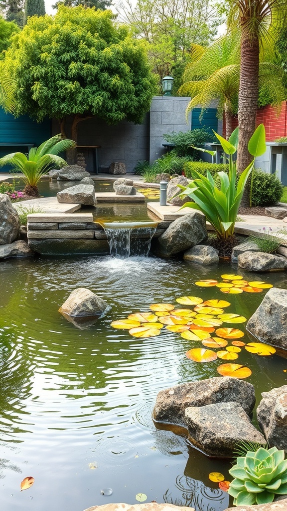 A serene garden pond with lily pads, stones, and a small waterfall surrounded by lush greenery.