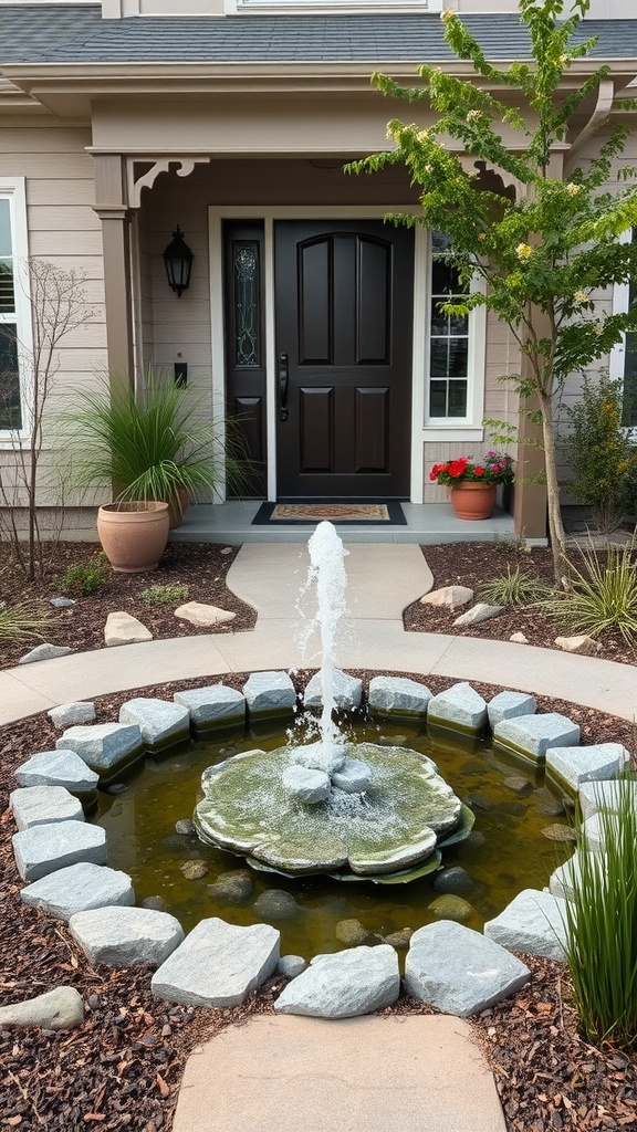 A front entry with a small fountain in a pond surrounded by stones and plants.