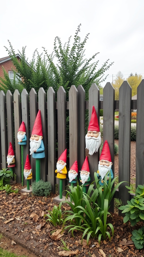 A display of colorful garden gnomes on a wooden fence, surrounded by green plants.