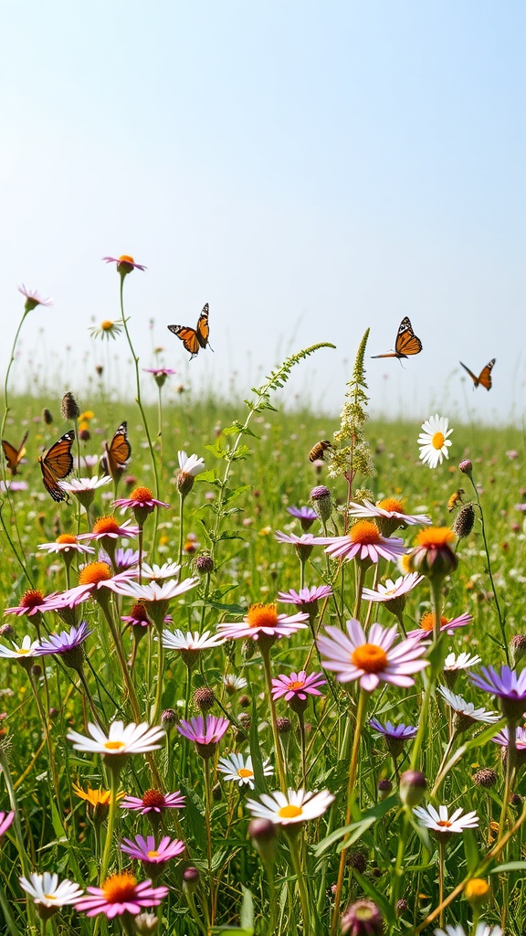 A vibrant wildflower meadow with colorful flowers and butterflies.