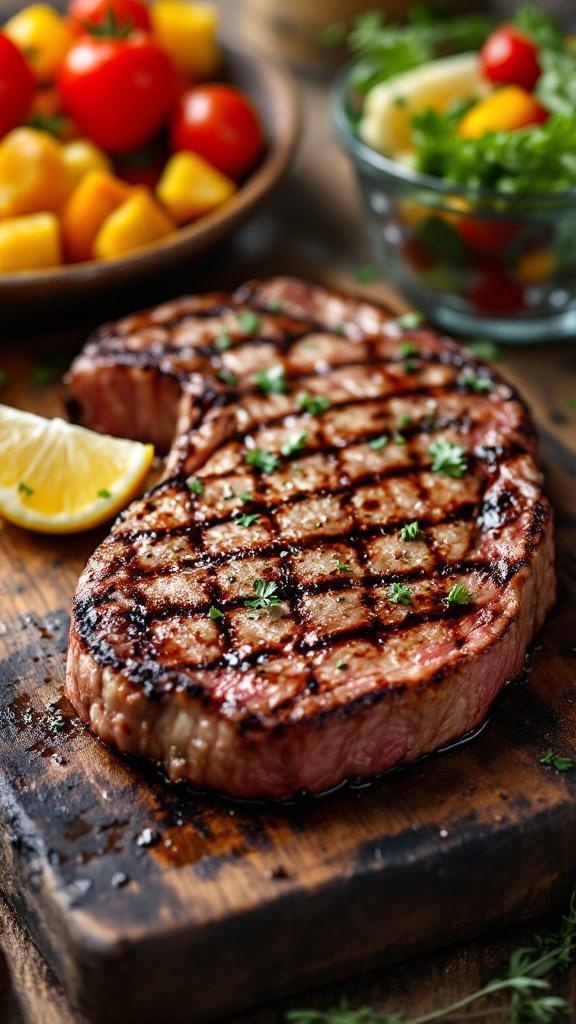 Ultimate Summer Steak Collection Grilled ribeye steak with herbs and lemon, served with vegetables on a wooden board.