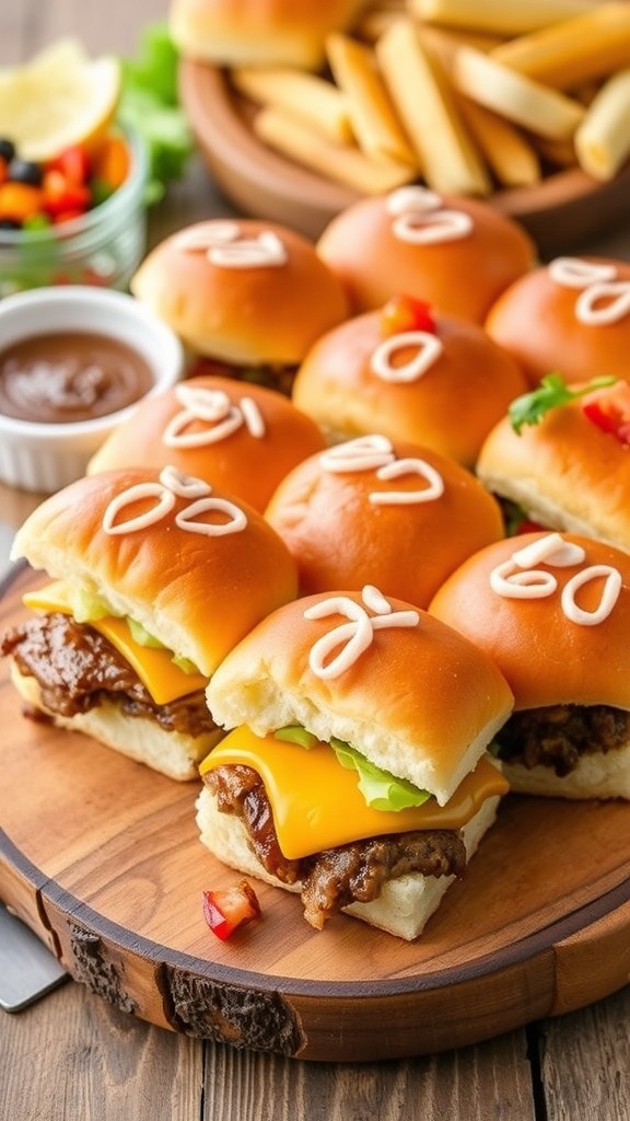 A delicious assortment of beef and pork sliders with cheese and toppings on a wooden platter.