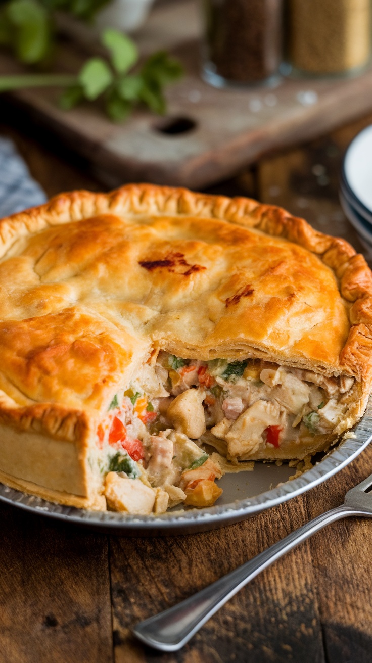 Classic Chicken Pot Pie Recipe A freshly baked chicken pot pie with a flaky crust, filled with creamy chicken and vegetables, on a wooden table.