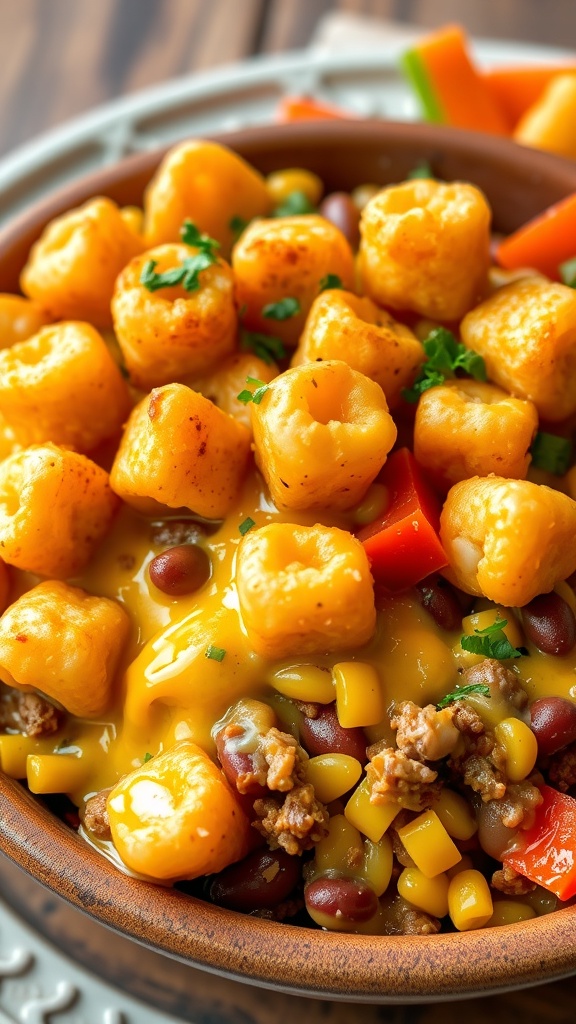 A hearty cowboy casserole with tater tots, ground beef, beans, and corn, topped with melted cheese, served in a rustic bowl.