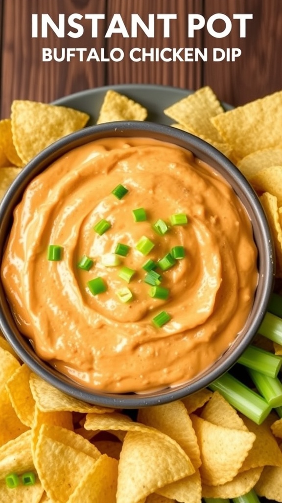 Instant Pot Buffalo Chicken Dip Recipe Creamy buffalo chicken dip in a bowl with chips and celery sticks on a wooden table.