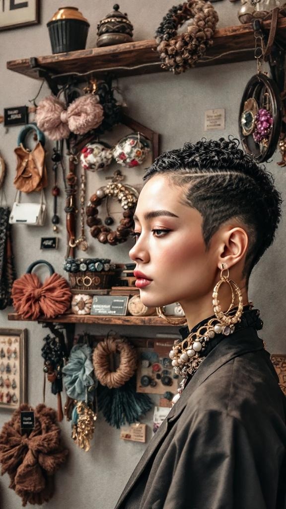 A model with a Hime haircut wearing large hoop earrings and layered necklaces, surrounded by various hair accessories.