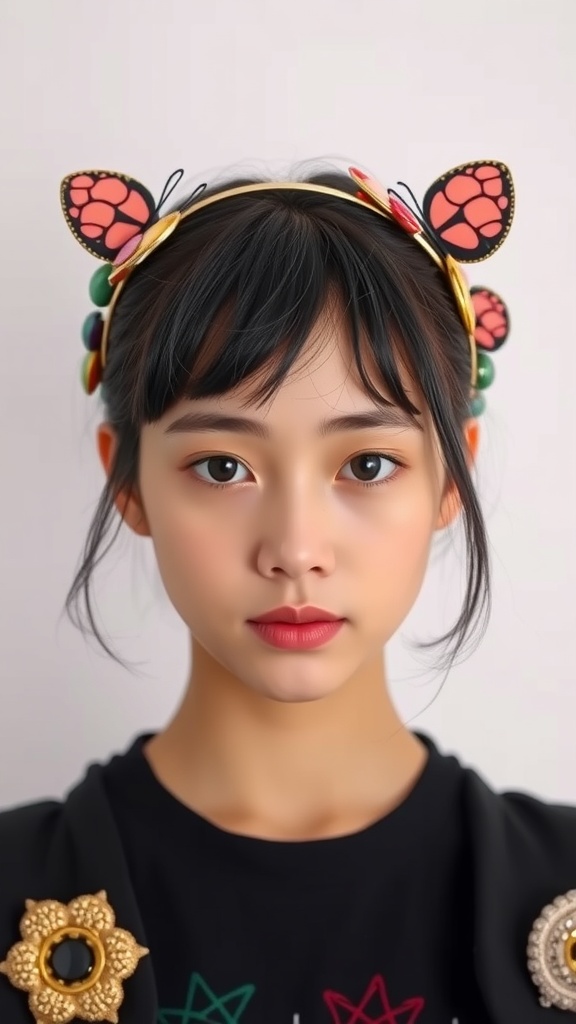 A woman with short butterfly cut hair wearing a butterfly-themed headband.