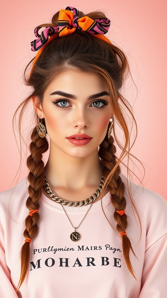 A model with a 90s blowout hairstyle, wearing a colorful scrunchie, chunky necklace, and a pink sweatshirt.