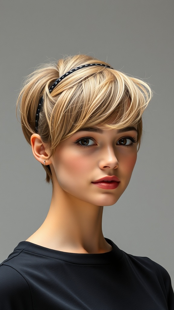 A young woman with a short stacked wedge haircut wearing a black headband.