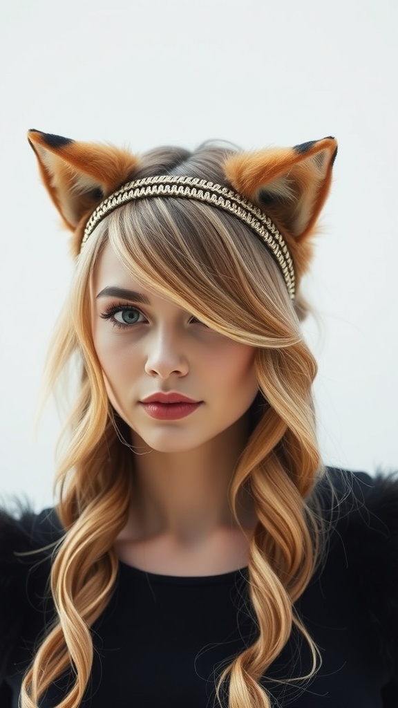A woman with a Wavy Wolf Cut With Bangs, wearing a gold headband with fox ears.