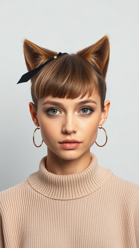 A model with a Wolf Cut and Curtain Bangs, wearing a beige sweater and large hoop earrings, accessorized with a black ribbon in her hair.