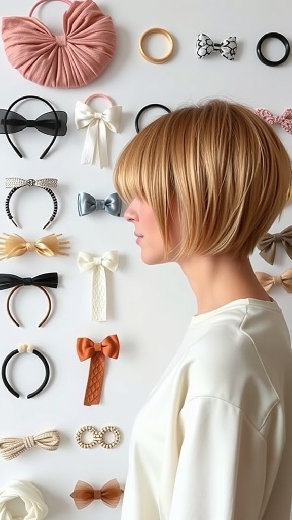 A model with a long pixie bob hairstyle, showcasing various hair accessories like bows and headbands.