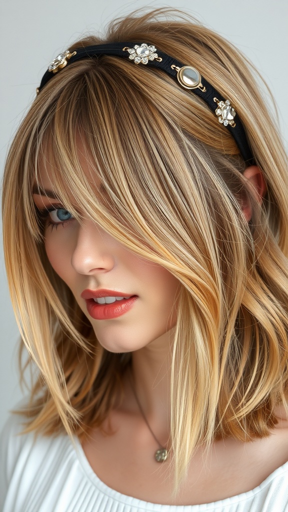 A stylish woman with a shaggy lob hairstyle wearing a decorative headband.