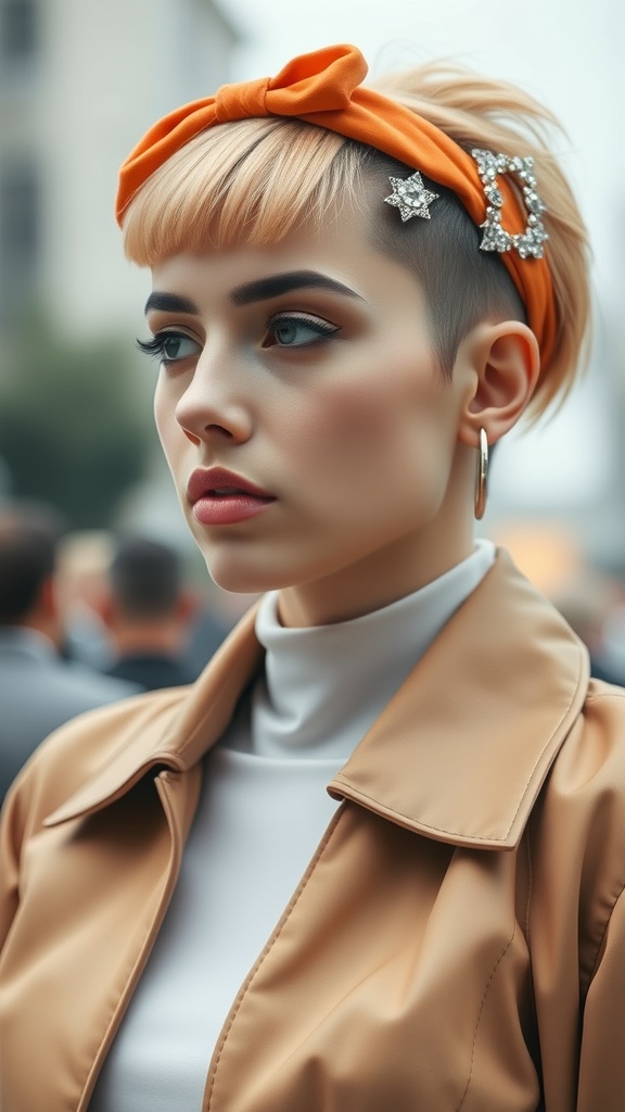 A stylish woman with an undercut bob hairstyle, wearing an orange headband and decorative hair clips.